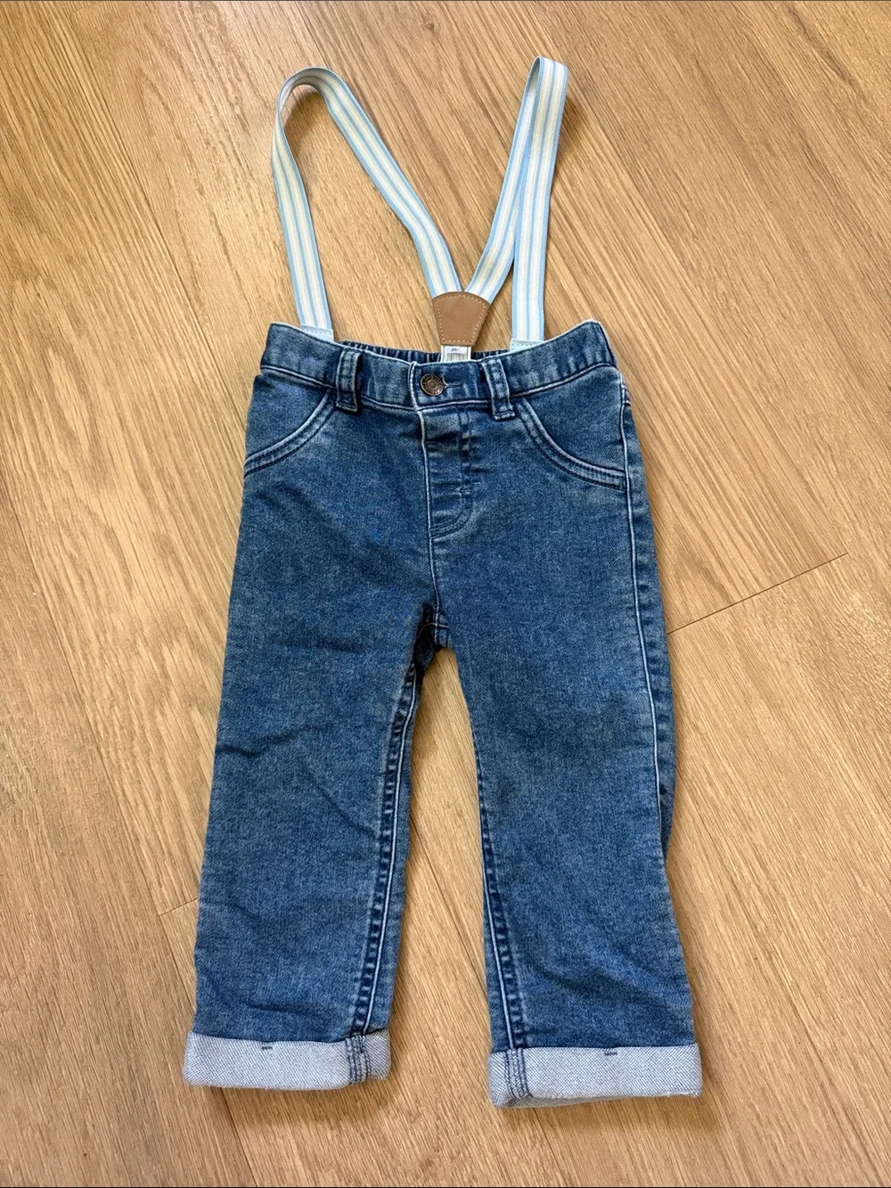 Cat & Jack Kids Blue Denim Pants with Striped Suspenders size 18 Months